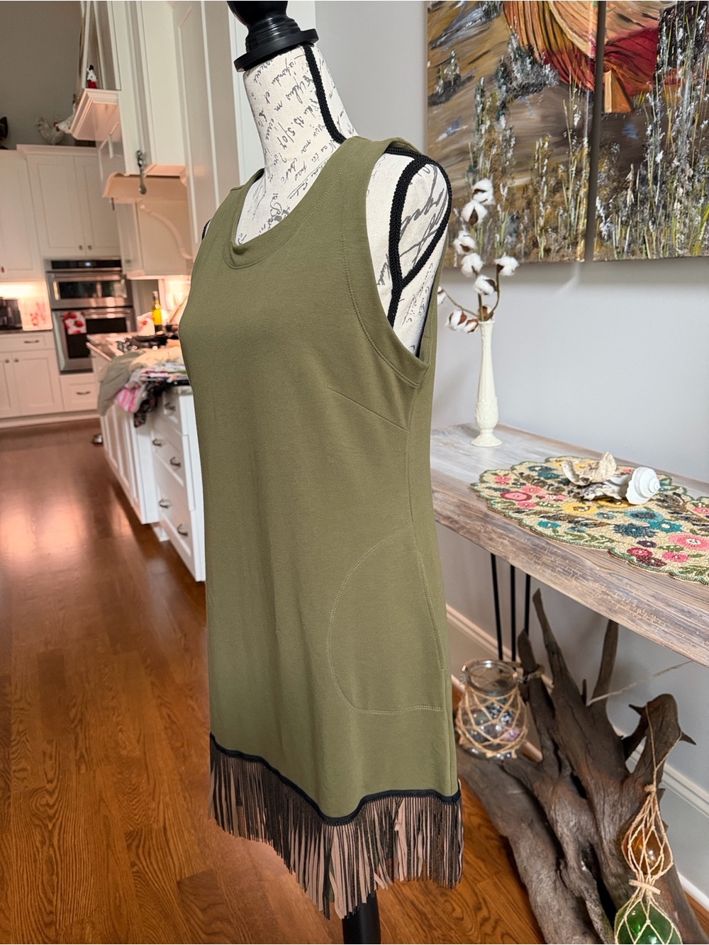 Boston Proper Olive Green Sleeveless Tank with Fringe Hem